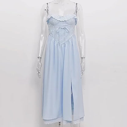 Summer Blue Lace Spaghetti Strap Crochet Dress - Elegant A-Line Fit