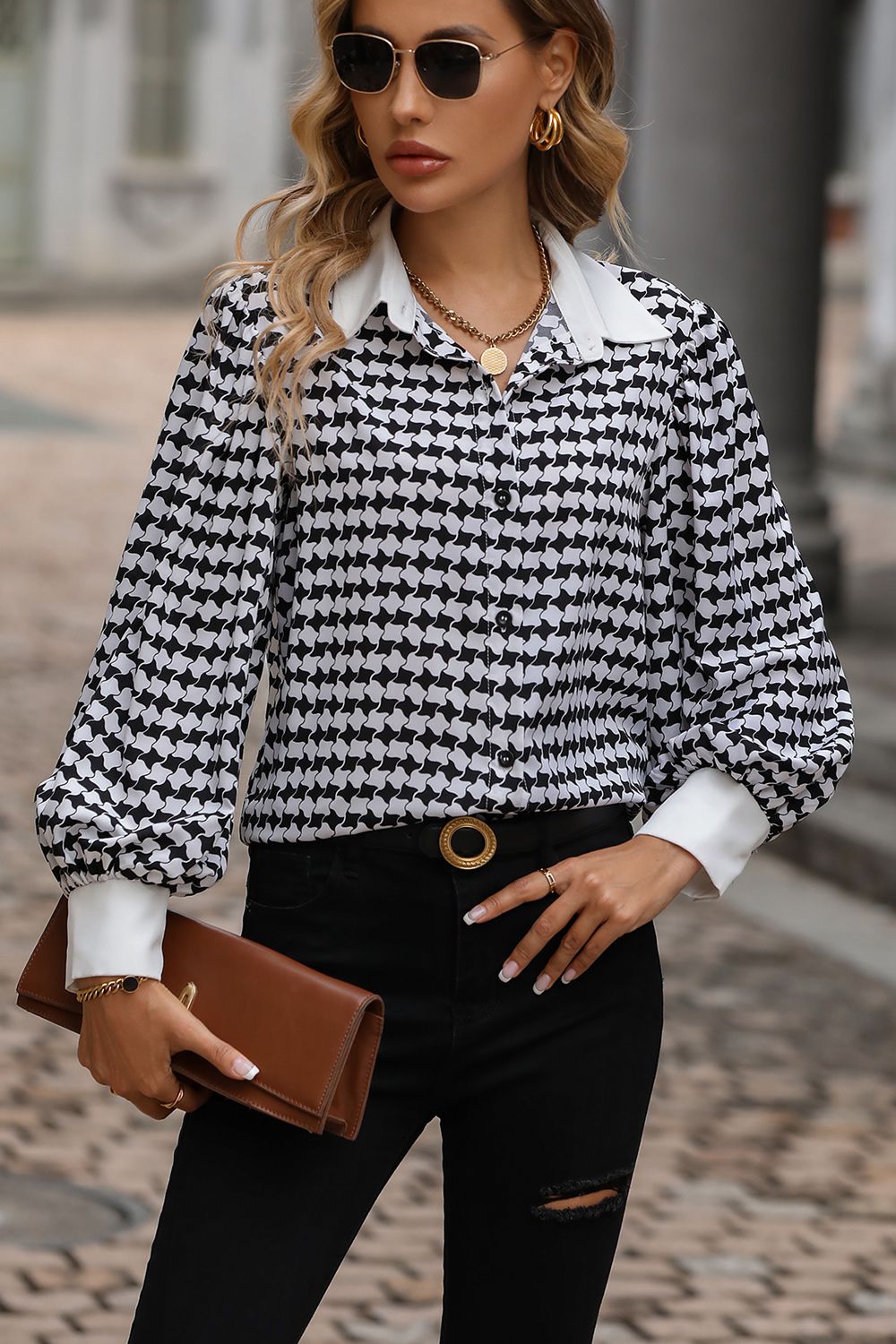 Houndstooth Print Lapel Neck Shirt | On sale | 95% polyester