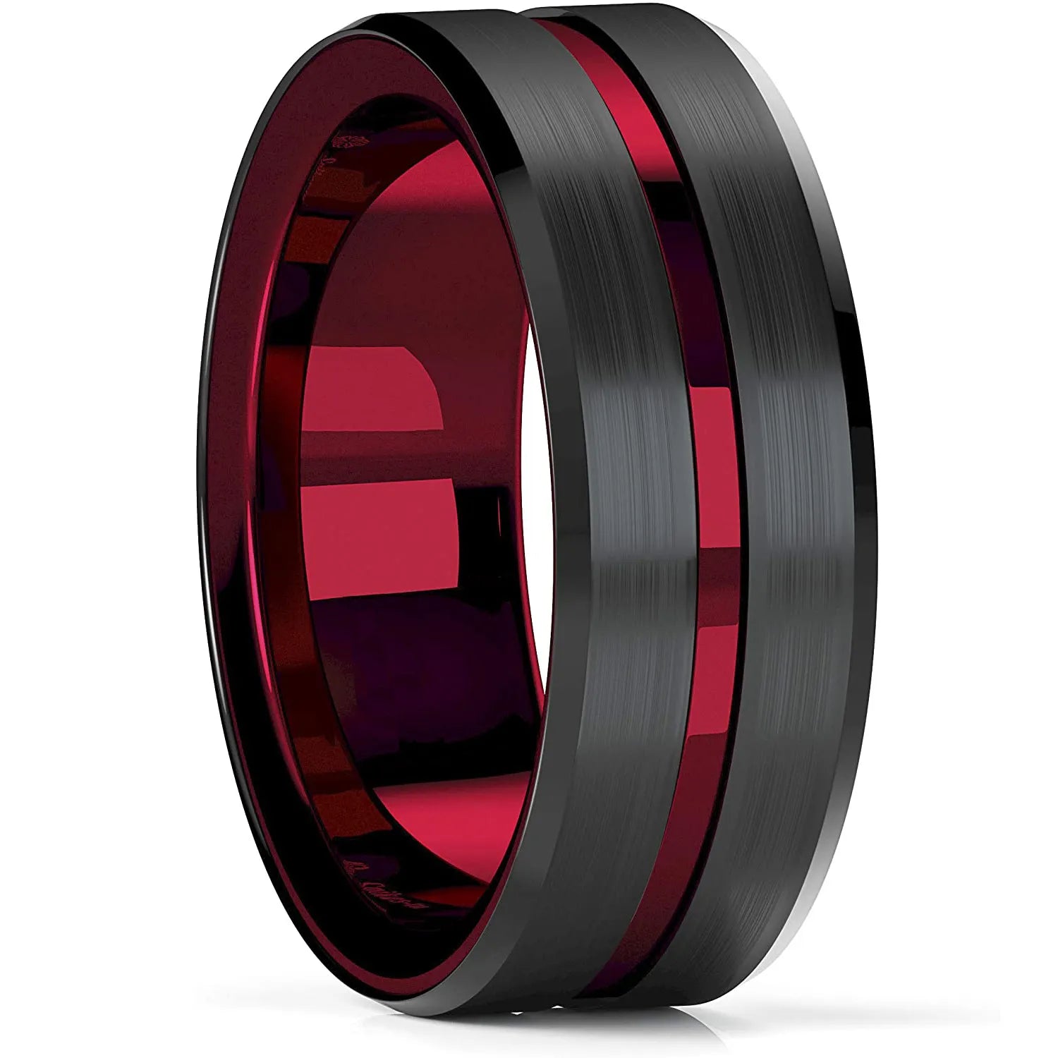 Men’s Red Groove Beveled Edge Stainless Steel Ring