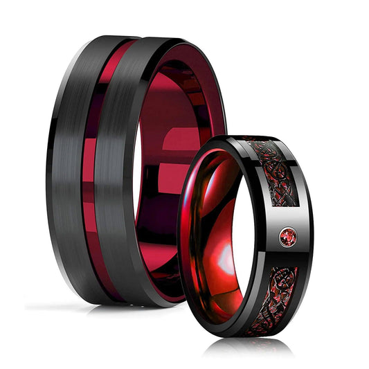 Men’s Red Groove Beveled Edge Stainless Steel Ring