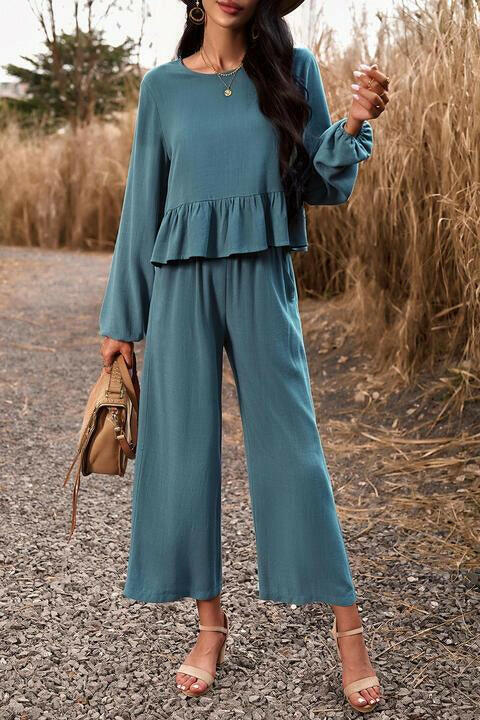 Round Neck Peplum Top and Pants Set - by The Nichole Collection