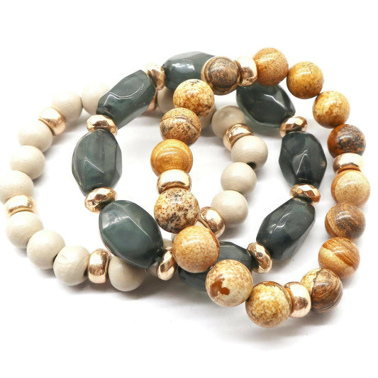 Semi-Precious Stone Wood Bead Bracelet Set - Bracelets by The Nichole Collection