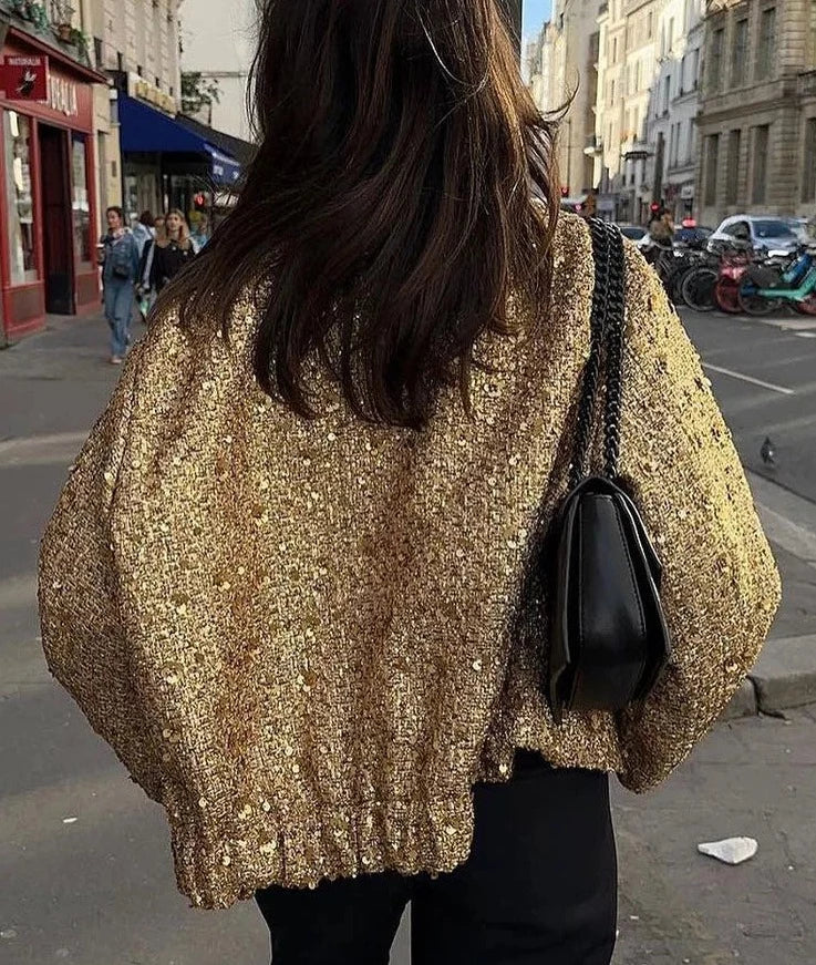 Shiny Gold Color Stand Collar Short Coat