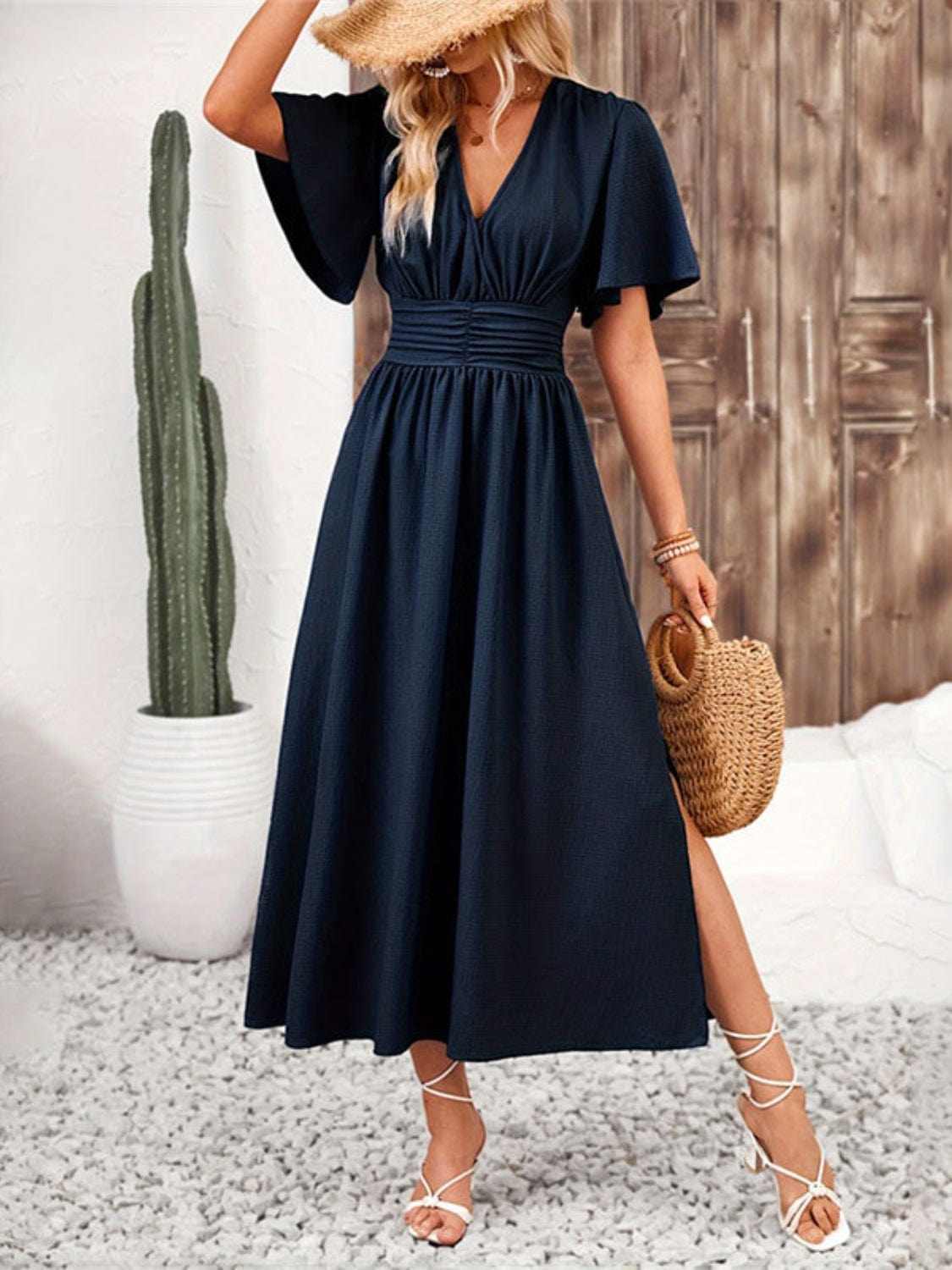 The Nichole Collection Dark Navy / S Side Slit Surplice Flutter Sleeve Midi Dress – Elegant & Effortless
