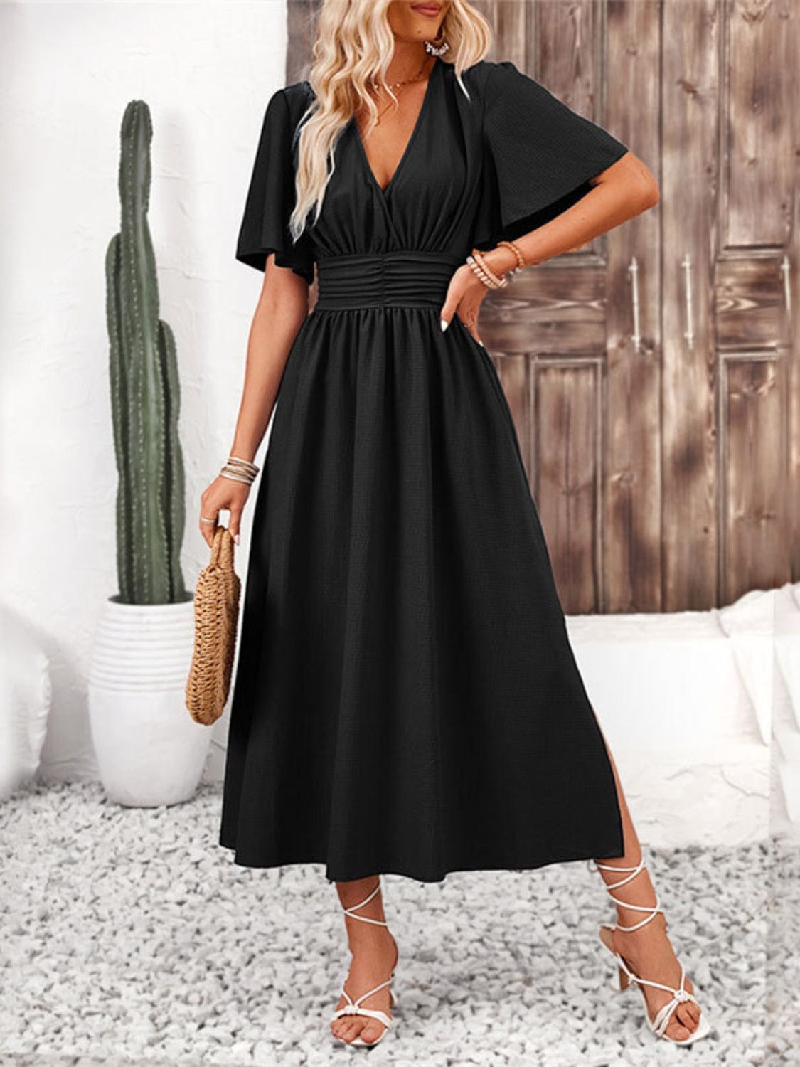 The Nichole Collection Side Slit Surplice Flutter Sleeve Midi Dress – Elegant & Effortless