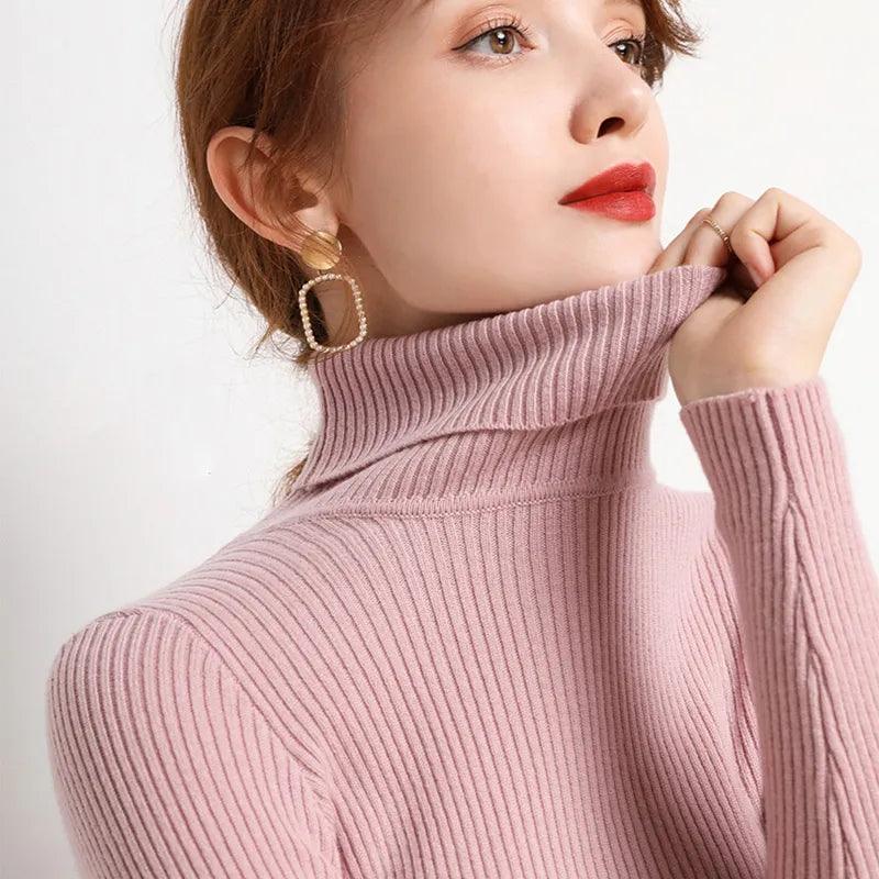 Soft Cashmere Feel Turtleneck Sweater PINK One Size