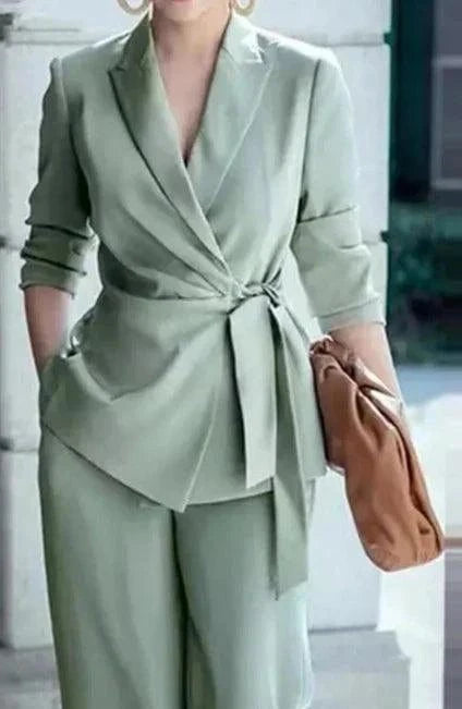 The Nichole Collection 2 Piece Suits Green / M Sophisticated Lapel Neck Blazer Wide Leg Pants Suit for Professionals