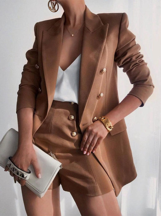 The Nichole Collection Caramel / S Spring Chic Lapel Collar Blazer and Shorts Set