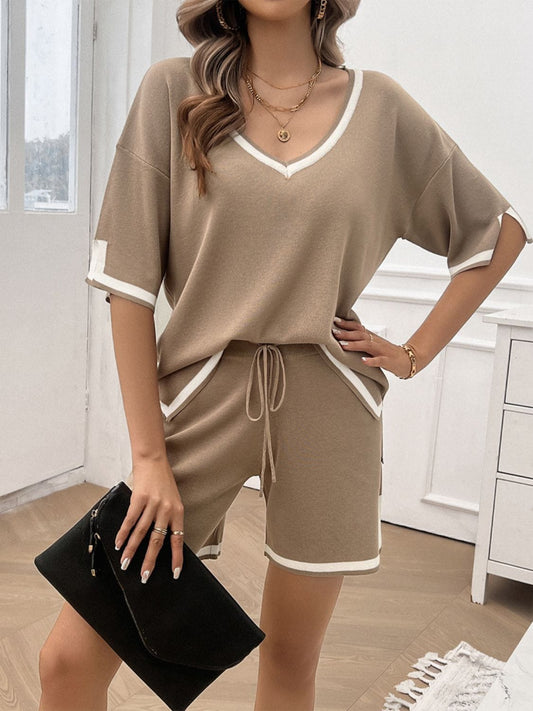 The Nichole Collection Spring Time Ready Contrast Trim V-Neck Top and Shorts Set