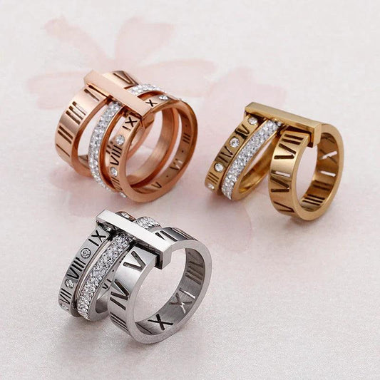 Stainless Steel Roman Numerals Rhinestone Ring