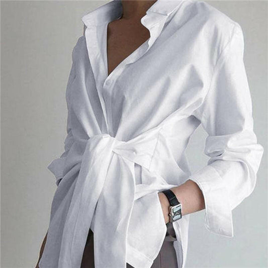 The Long Sleeve Lapel Front Tie Shirt – Effortless Style and Comfort - Tops by The Nichole Collection