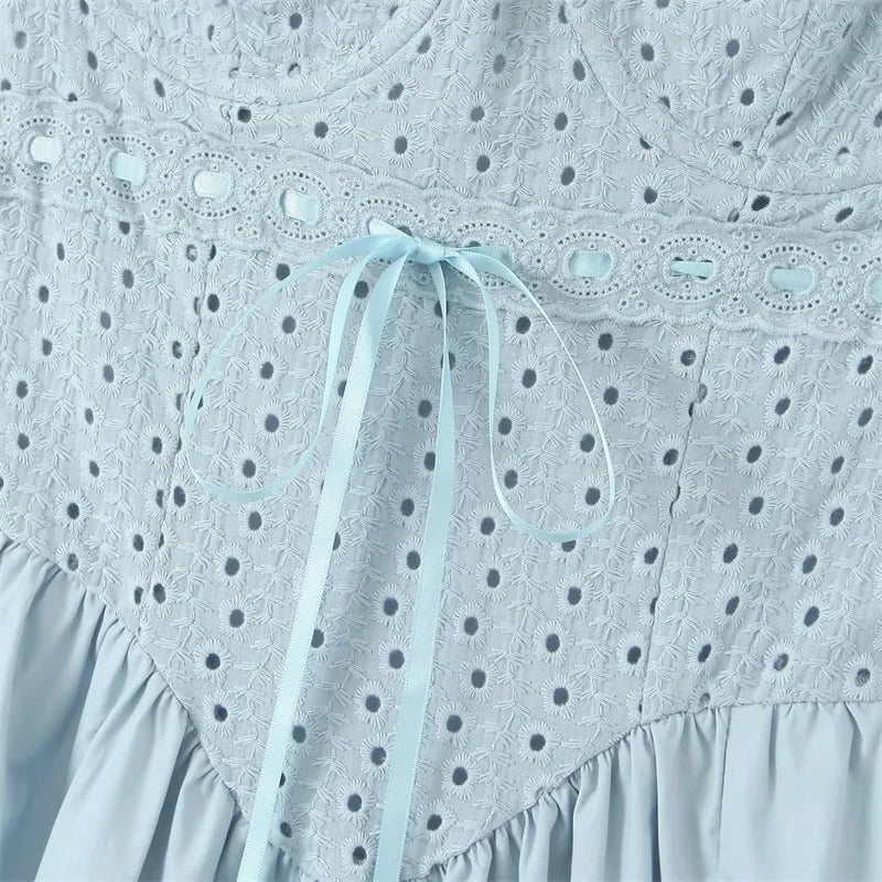 Summer Blue Lace Spaghetti Strap Crochet Dress