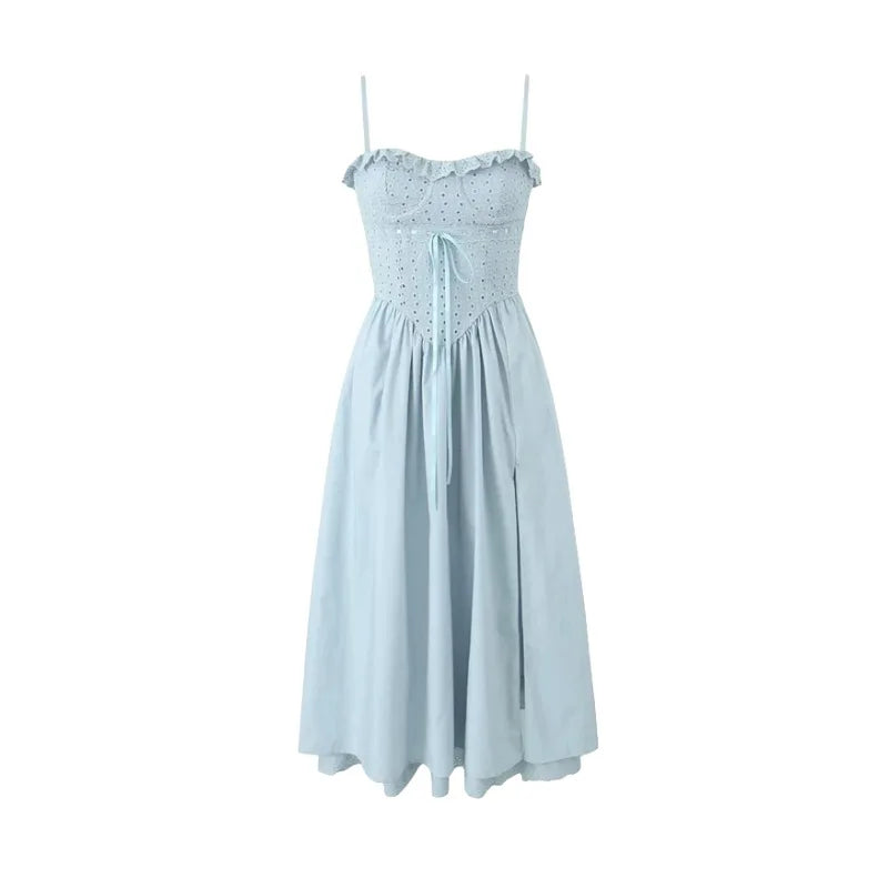 Summer Blue Lace Spaghetti Strap Crochet Dress