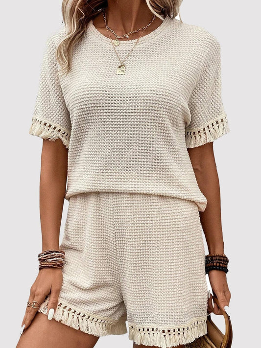 The Nichole Collection Cream / S Tassel Round Neck Top and Shorts Set
