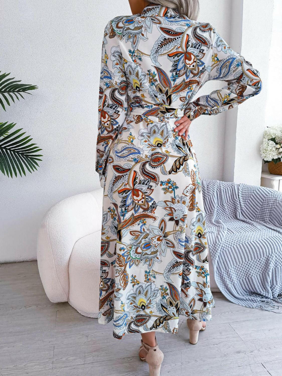 Tied Printed Long Sleeve Midi Dress for Effortless Elegance