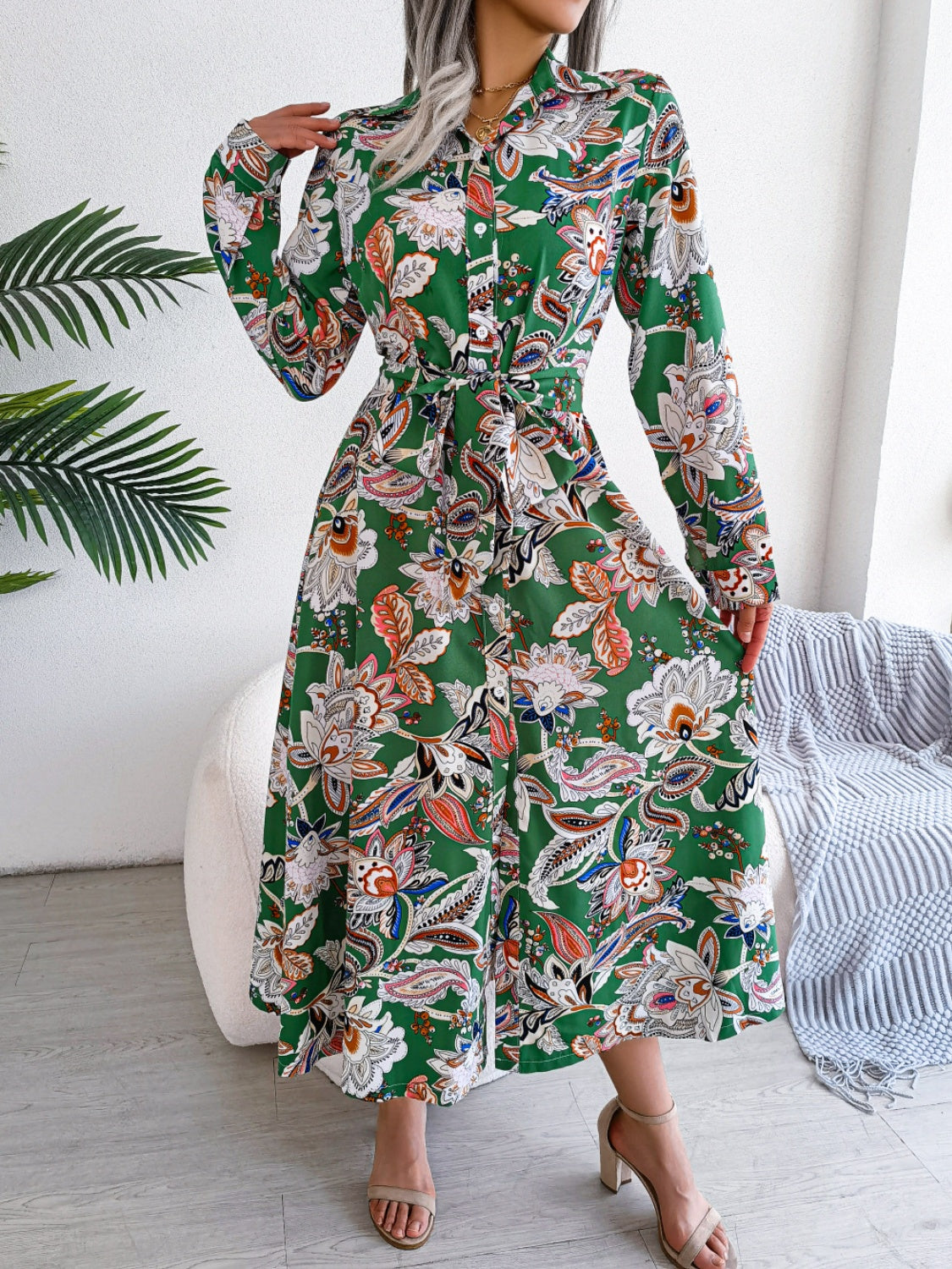 Tied Printed Long Sleeve Midi Dress for Effortless Elegance