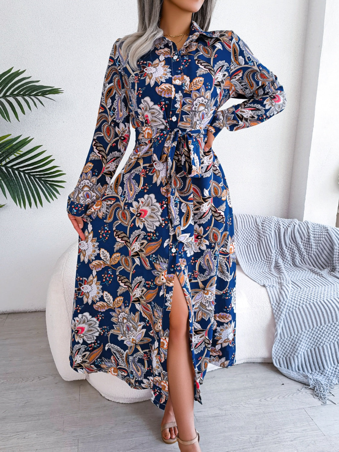 Tied Printed Long Sleeve Midi Dress for Effortless Elegance