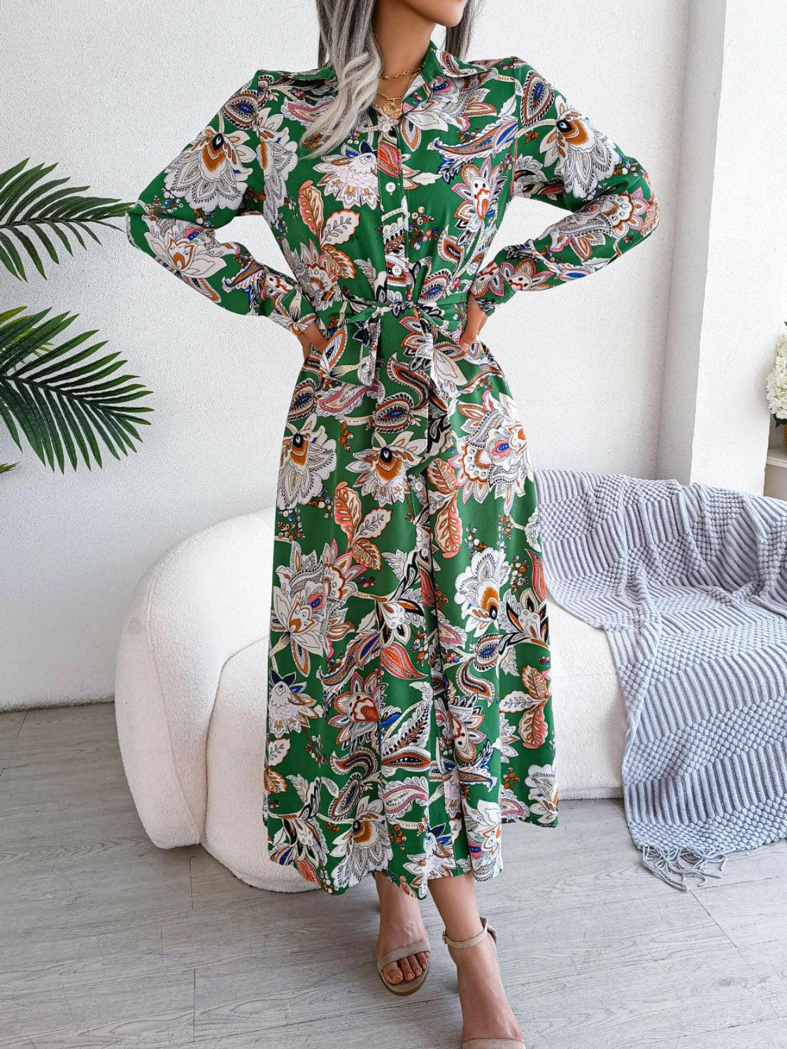 Tied Printed Long Sleeve Midi Dress for Effortless Elegance