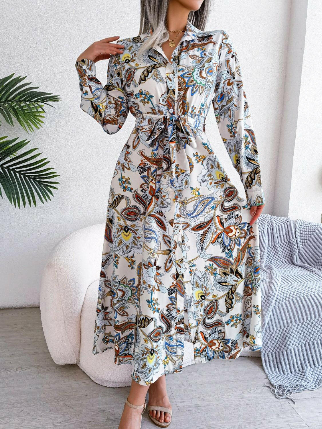 Tied Printed Long Sleeve Midi Dress for Effortless Elegance