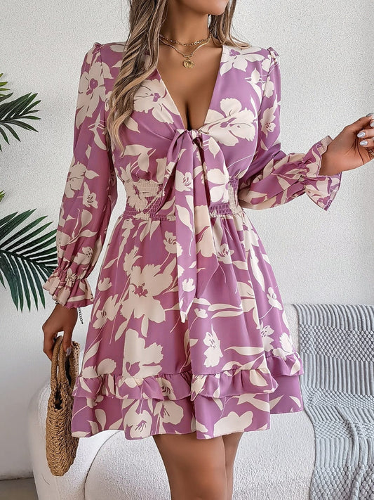 The Nichole Collection Lilac / S Tied Ruffled Printed Long Sleeve Dress