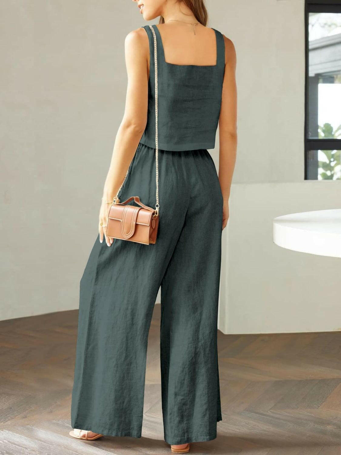 Square Neck Top and Wide Leg Pants Set for Timeless Elegance