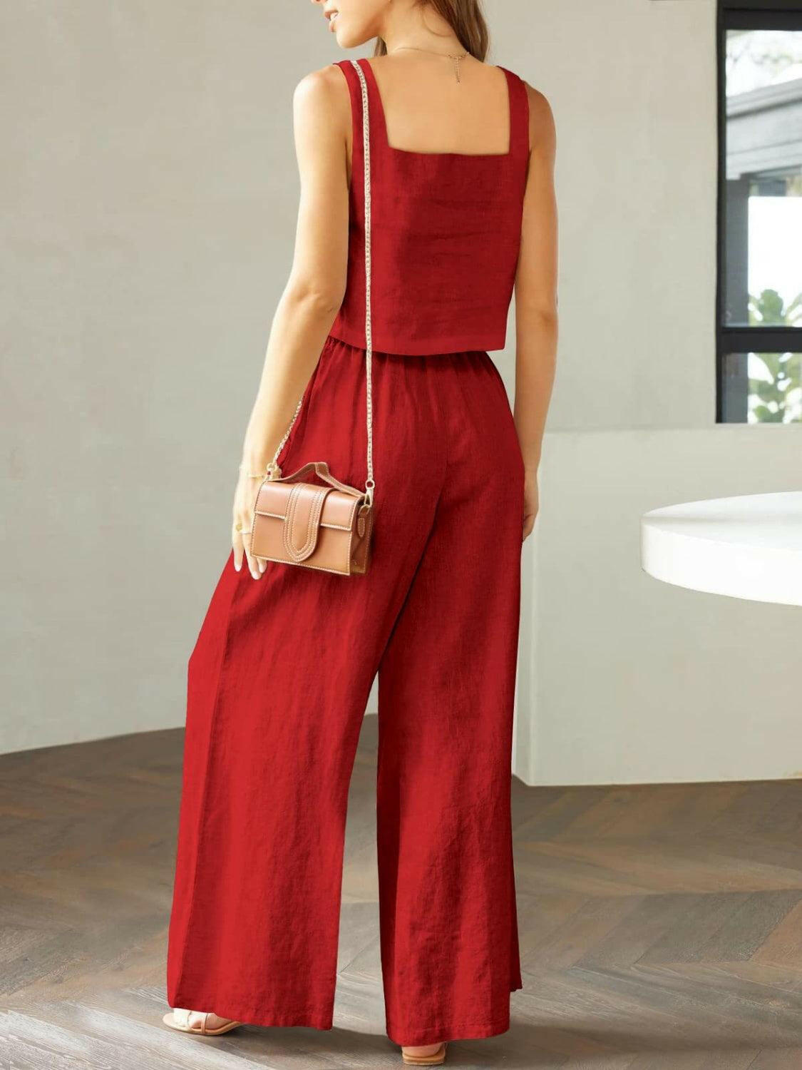 Trendy Square Neck Top and Wide Leg Pants Set