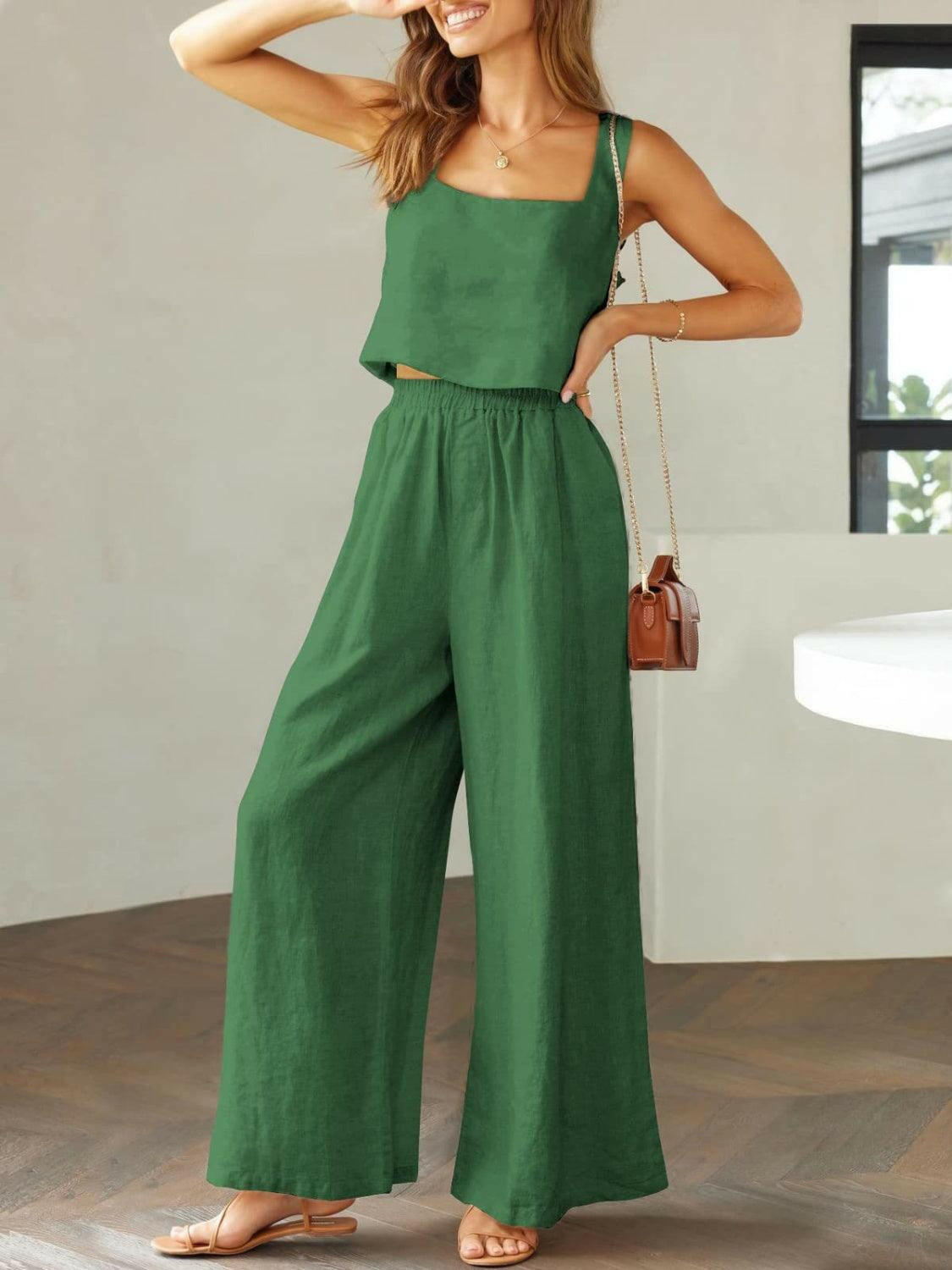 Square Neck Top and Wide Leg Pants Set for Timeless Elegance