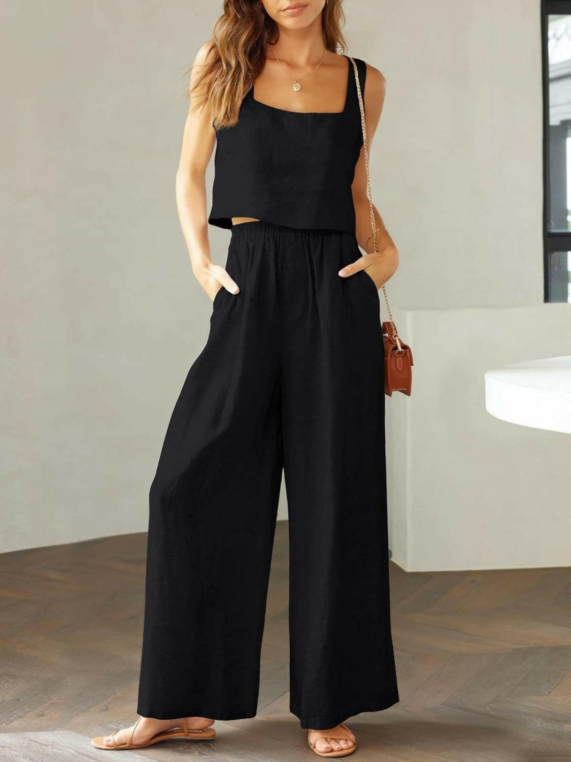 Trendy Square Neck Top and Wide Leg Pants Set - 2 piece set by The Nichole Collection