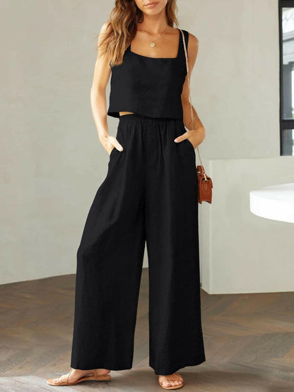 Trendy Square Neck Top and Wide Leg Pants Set