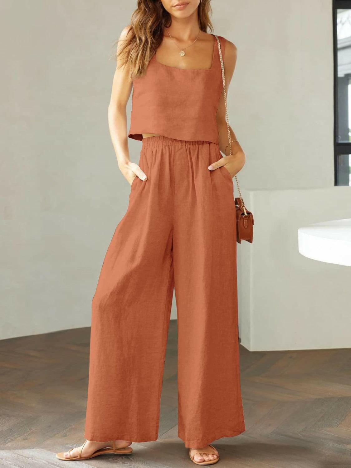 Trendy Square Neck Top and Wide Leg Pants Set