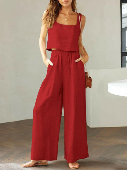 Trendy Square Neck Top and Wide Leg Pants Set