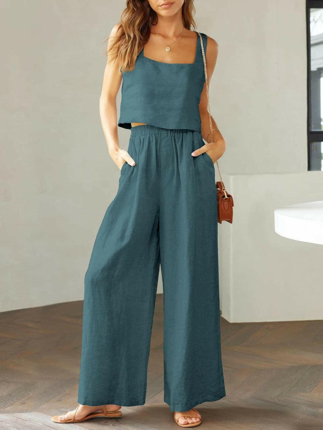 Trendy Square Neck Top and Wide Leg Pants Set