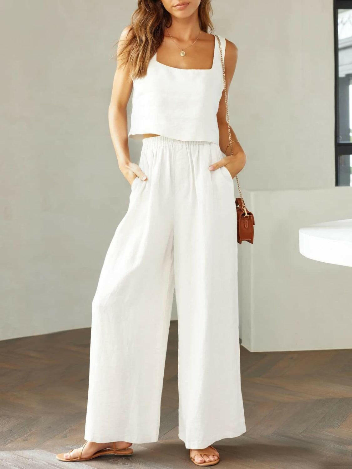 Trendy Square Neck Top and Wide Leg Pants Set