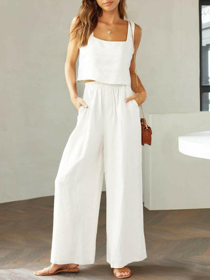 Trendy Square Neck Top and Wide Leg Pants Set