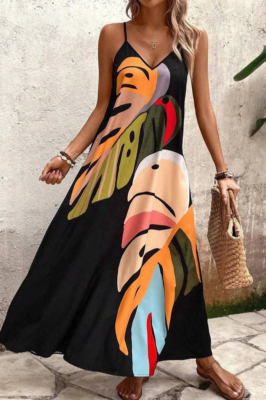 The Nichole Collection Black / S Tropical Leaf Print V-Neck Maxi Cami Dress
