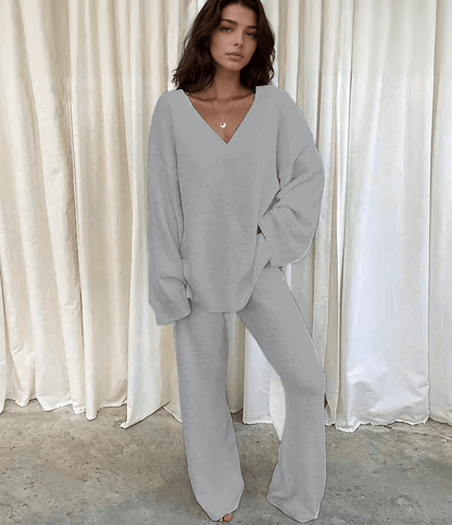 V - Neck Long Sleeve Top and Pants Set