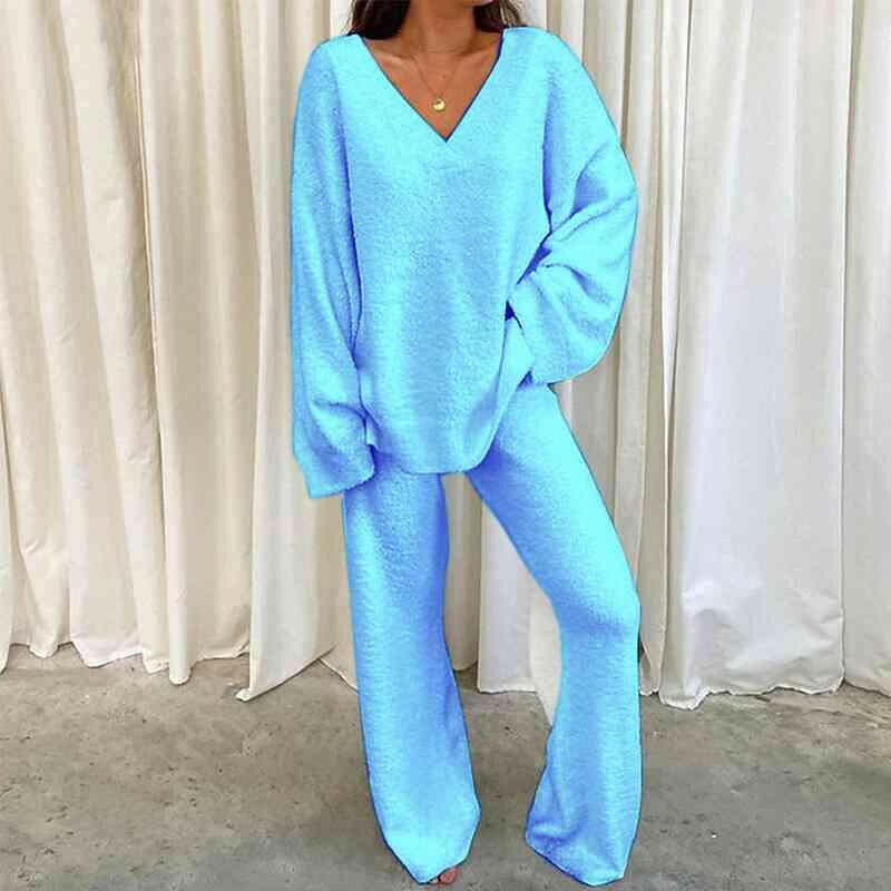 V - Neck Long Sleeve Top and Pants Set