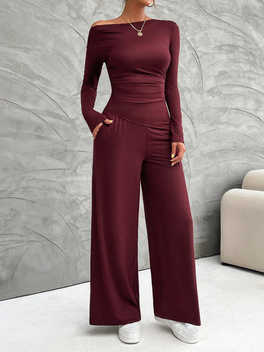 The Nichole Collection Burgundy / S Weekend Perfect Long Sleeve Top and Wide Leg Pants Set