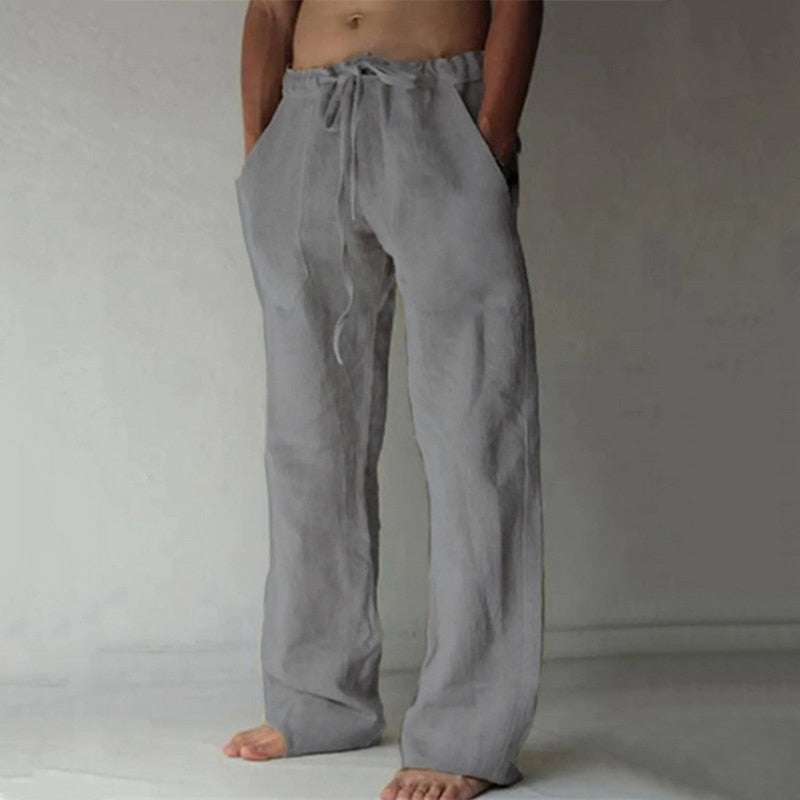 Casual Men&#39;s Cotton Linen Pants Fashion Solid Pocket Drawstring Baggy Trousers Comfort Loose Wide Leg Pant Streetwear Sweatpants 