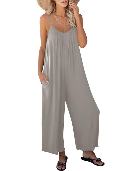 The Nichole Collection Women's Summer Casual Sleeveless Spaghetti Strap Boho Wide Leg Jumpsuit