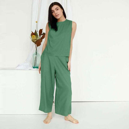 Cotton Linen Sleeveless Women Pants Suit 