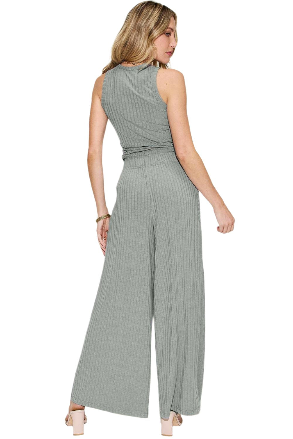 Women's Trendy Stretch Ribbed Tank & Wide Pants Set - 2 Piece Suits by The Nichole Collection