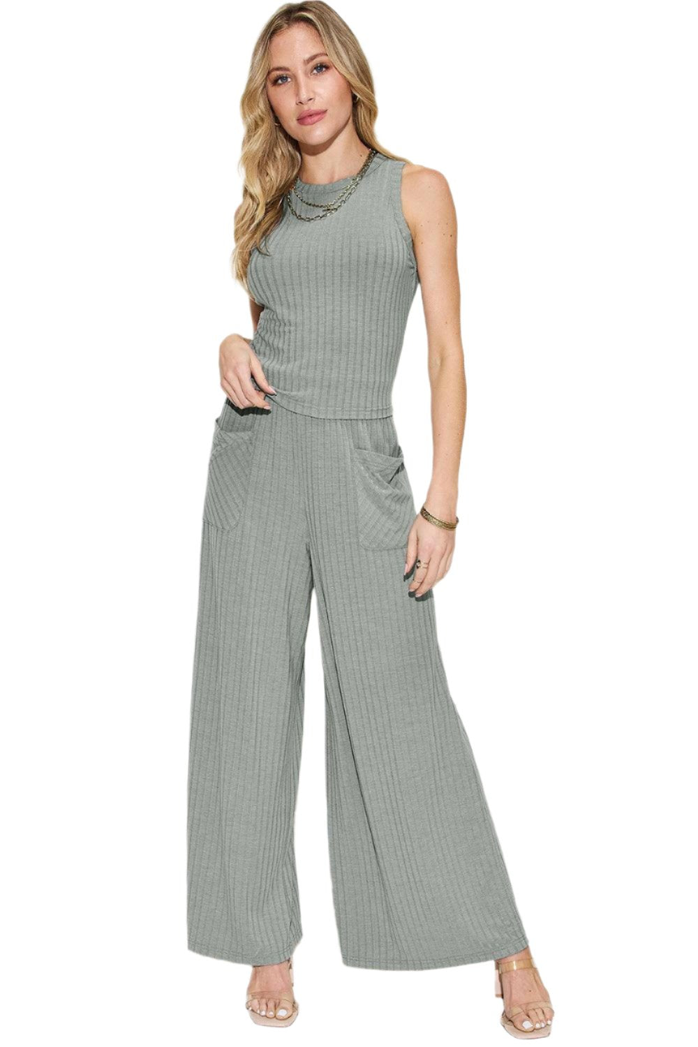 Women's Trendy Stretch Ribbed Tank & Wide Pants Set - 2 Piece Suits by The Nichole Collection