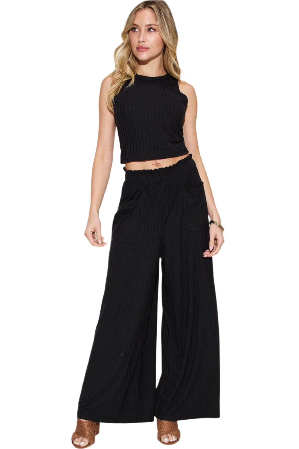 Women's Trendy Stretch Ribbed Tank & Wide Pants Set - 2 Piece Suits by The Nichole Collection