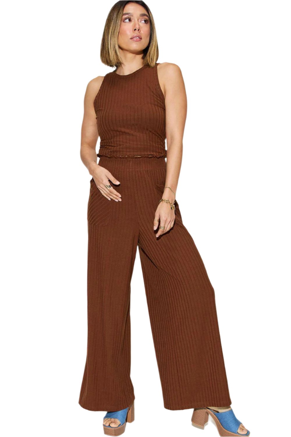 Women's Trendy Stretch Ribbed Tank & Wide Pants Set - 2 Piece Suits by The Nichole Collection