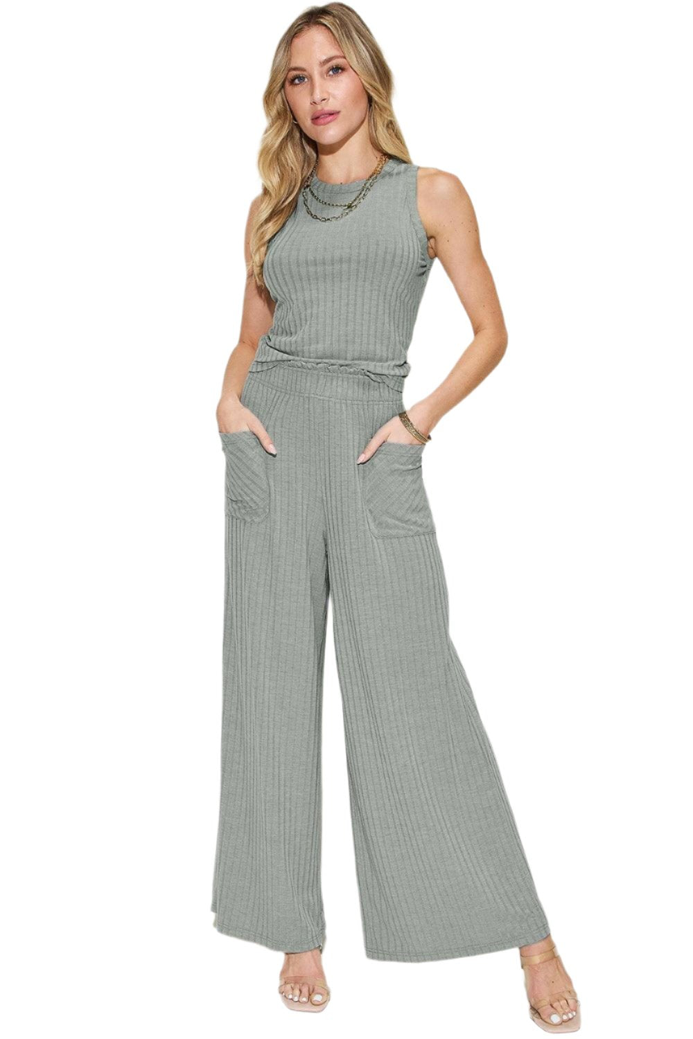 Women's Trendy Stretch Ribbed Tank & Wide Pants Set - 2 Piece Suits by The Nichole Collection