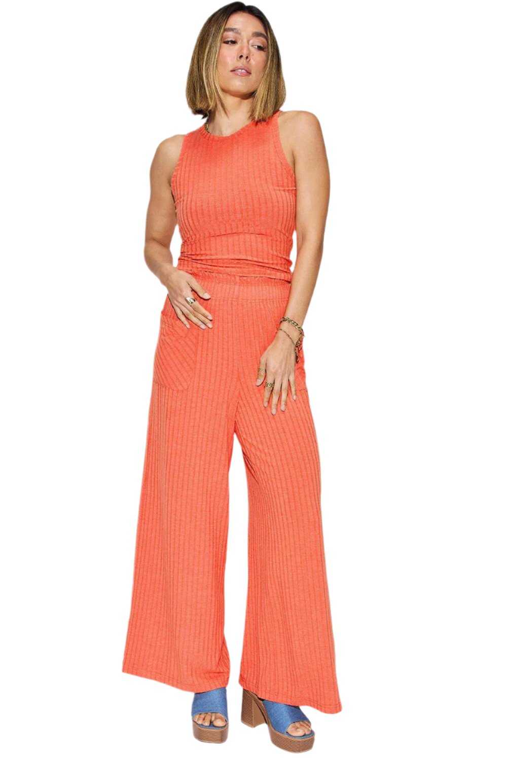 Full Size Ribbed Tank and Wide Leg Pants Set